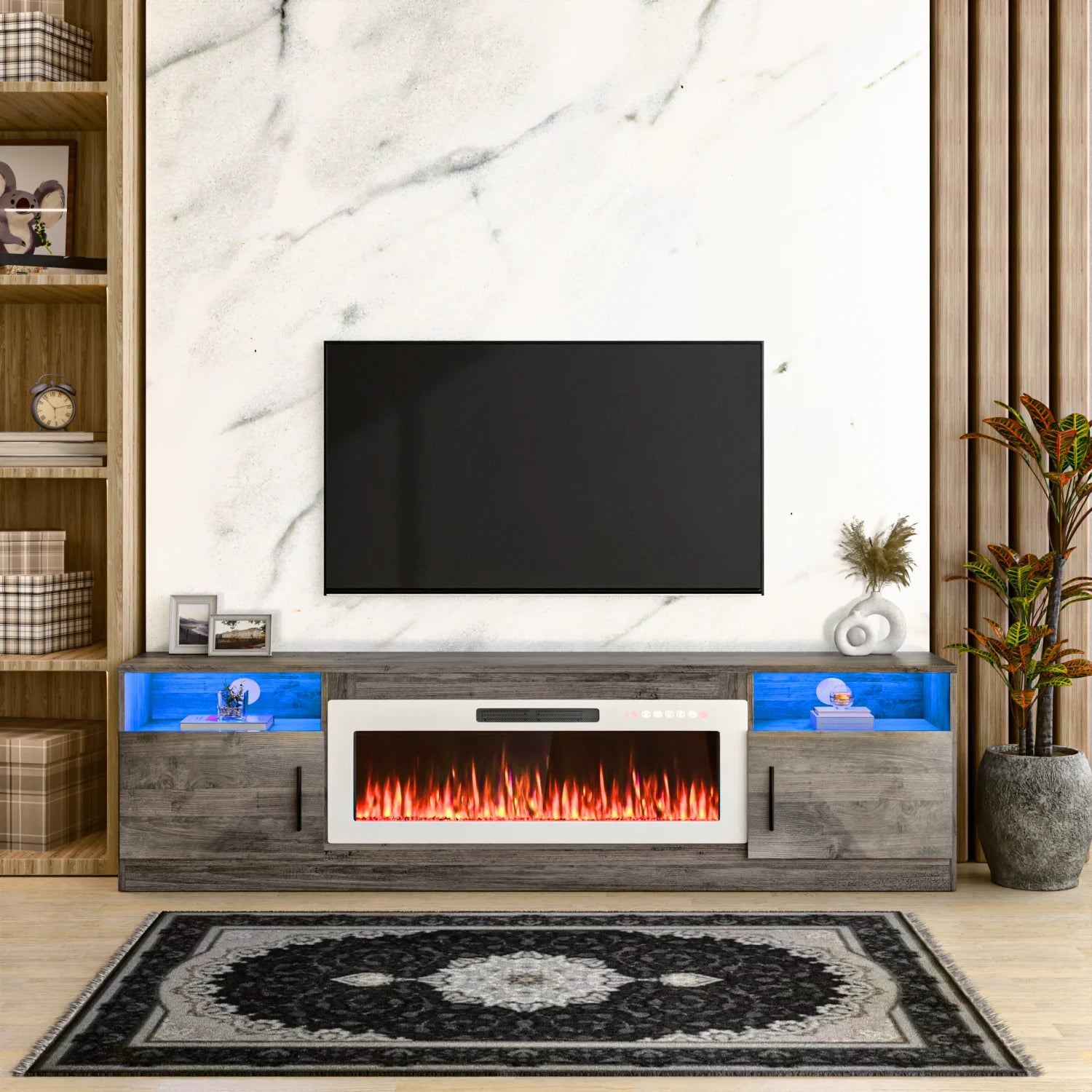 Waleaf Fireplace TV Stand with 36" Electric Fireplace up to 80" Tvs, Modern Wood Media TV Console with Highlight Cabinet, White