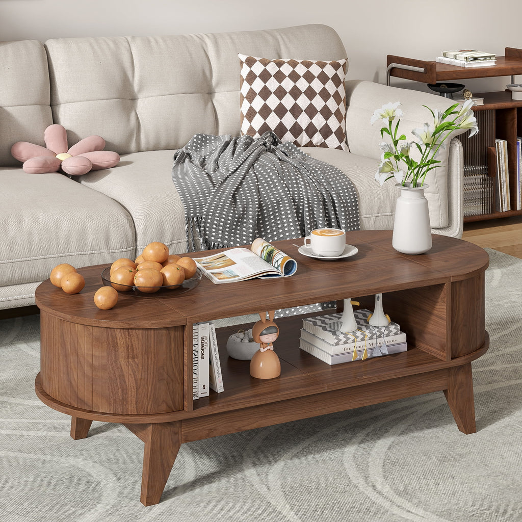 Fluted Coffee Table with Storage, Modern Coffee Tables, Wood Accent Center Table