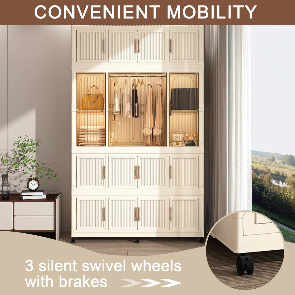 Montary Kids Portable Wardrobe W/ Magnetic Doors & Hanging Rod - 4 - Cube Plastic Storage Cabinet, Nursery/Bedroom