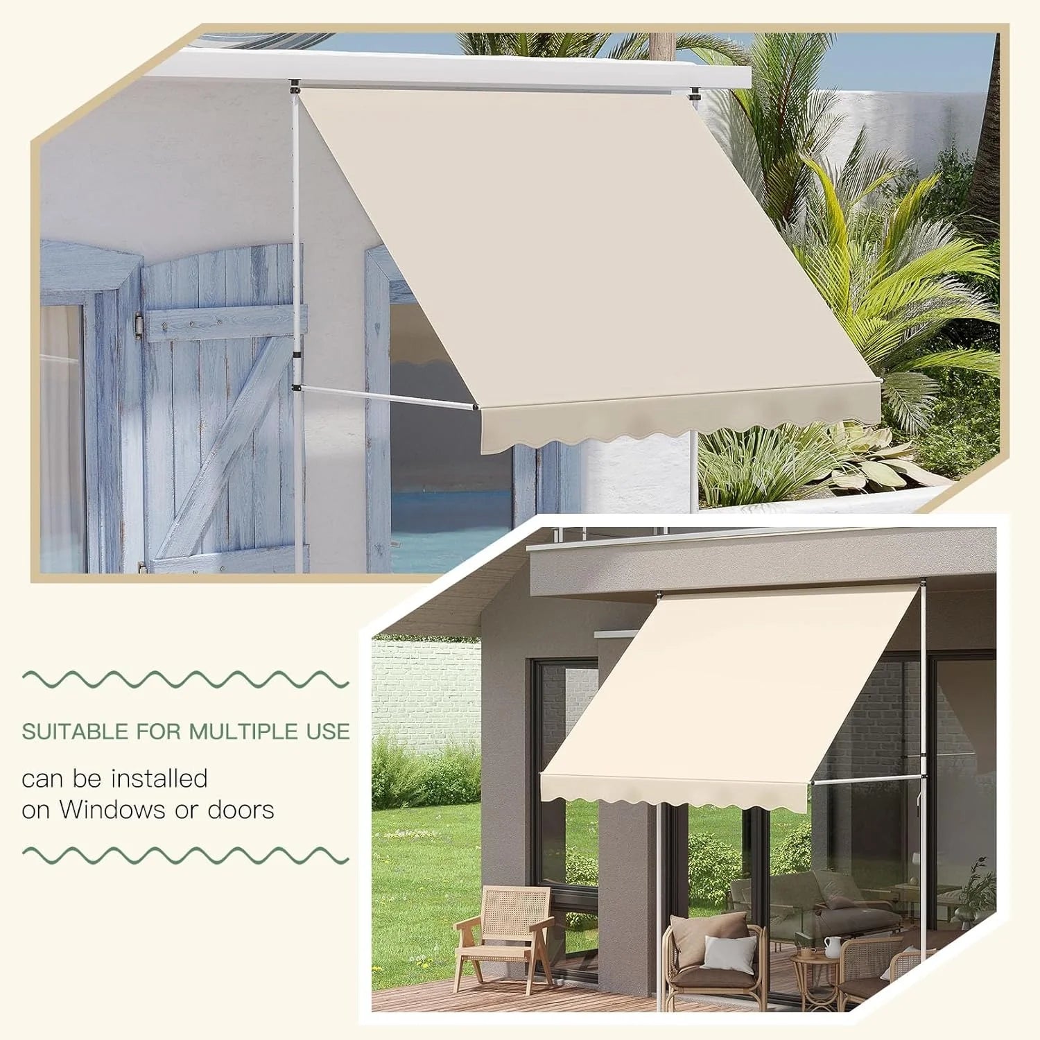AECOJOY Manual Retractable Awning, 78" Non-Screw Outdoor Patio Awning, Beige