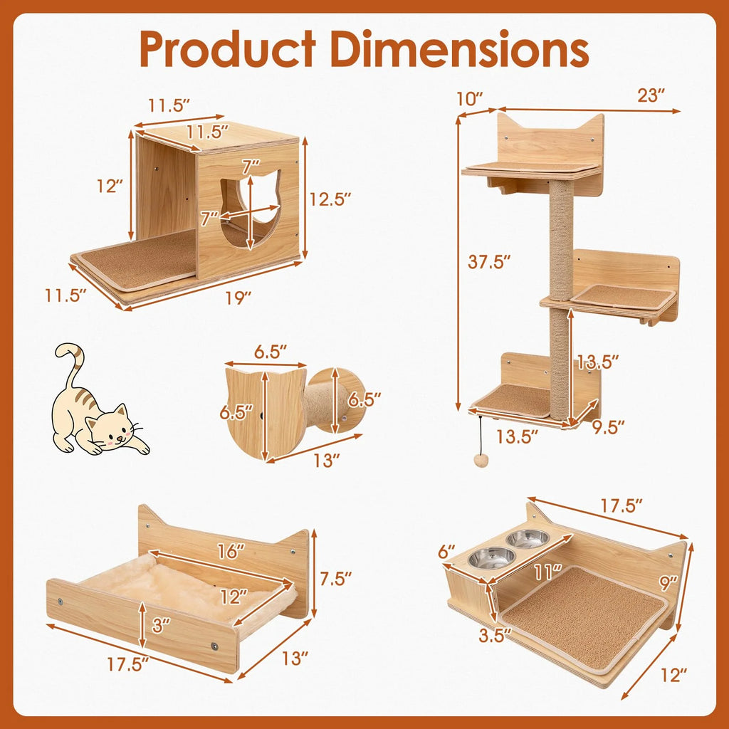 Tangkula 6 Pieces Cat Wall Furniture Set Kitten Wall Mounted Shelves