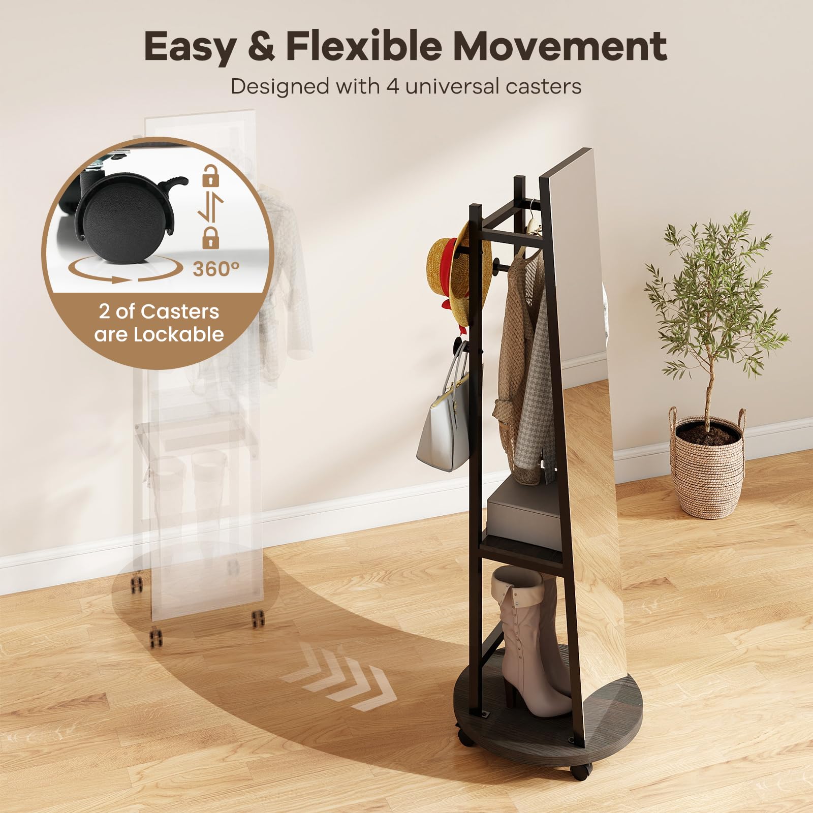 Tangkula Full Length Mirror with Coat Rack Swivel 55" Standing Floor Mirror on Wheels with Shelves