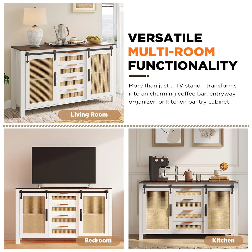 AECOJOY Farmhouse Sideboard Buffet Cabinet with Storage, Rattan Kitchen Cabinet w/Sliding Barn Doors & 4 Drawers