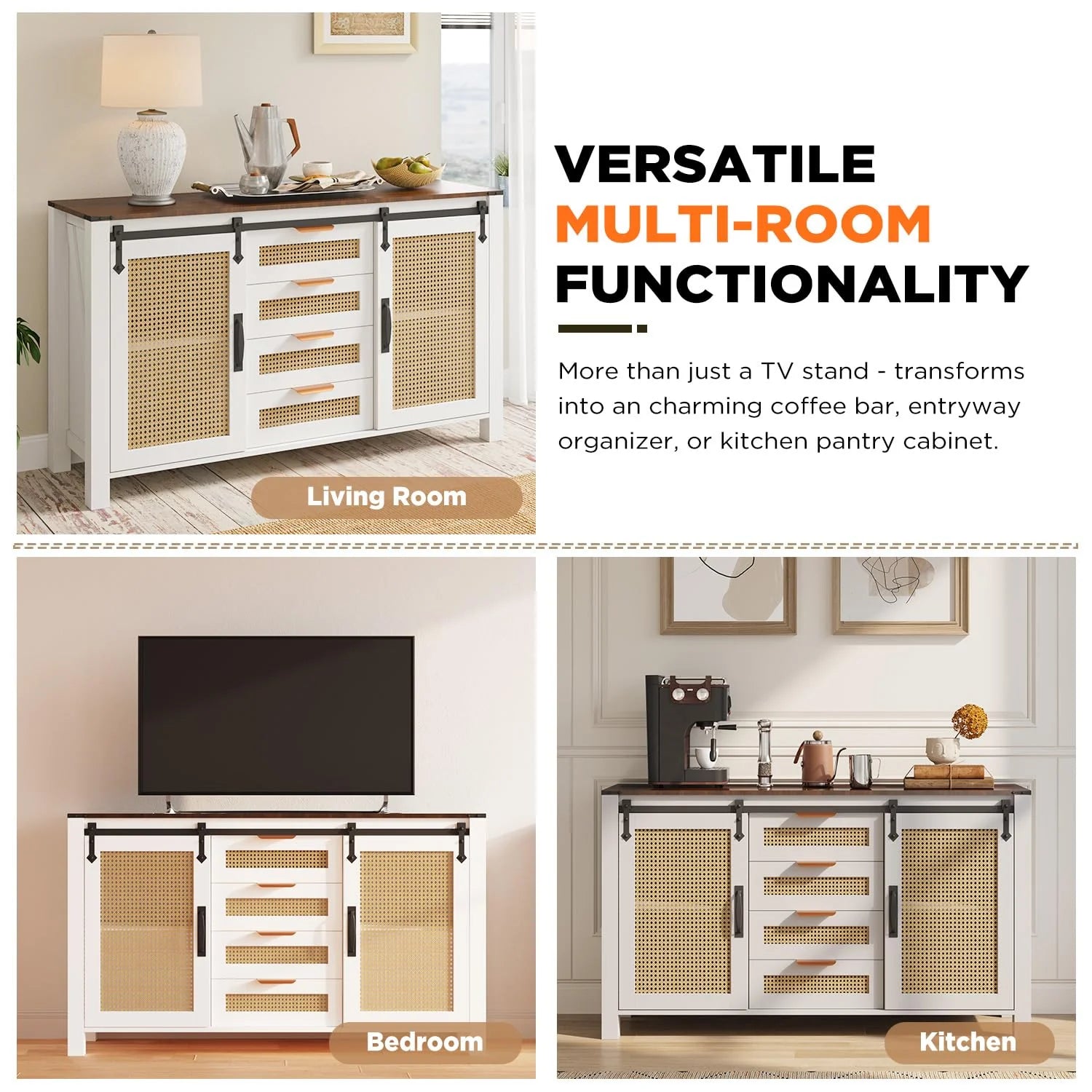 AECOJOY Farmhouse Sideboard Buffet Cabinet with Storage, Rattan Kitchen Cabinet w/Sliding Barn Doors & 4 Drawers