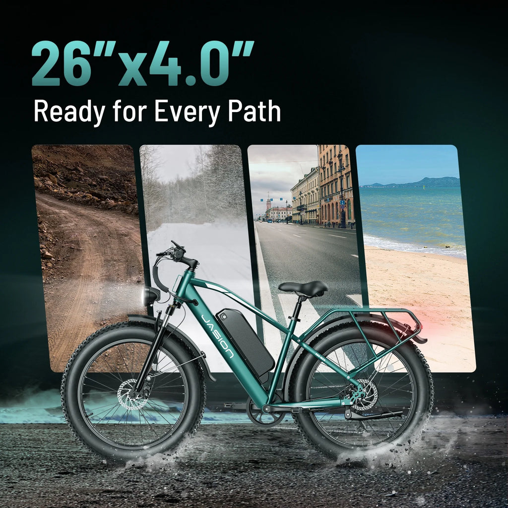 Jasion EB5 MAX Electric Bike for Adults, 750W Electric Mountain Bike with 48V 15ah Battery, 26'' Fat Tire Off - Road Ebike, 28MPH Shimano 7 Speed Bicycle UL2849