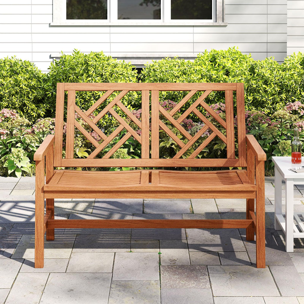 Tangkula Outdoor Bench Wood 2-Person Patio Loveseat Chair with Geometric Backrest