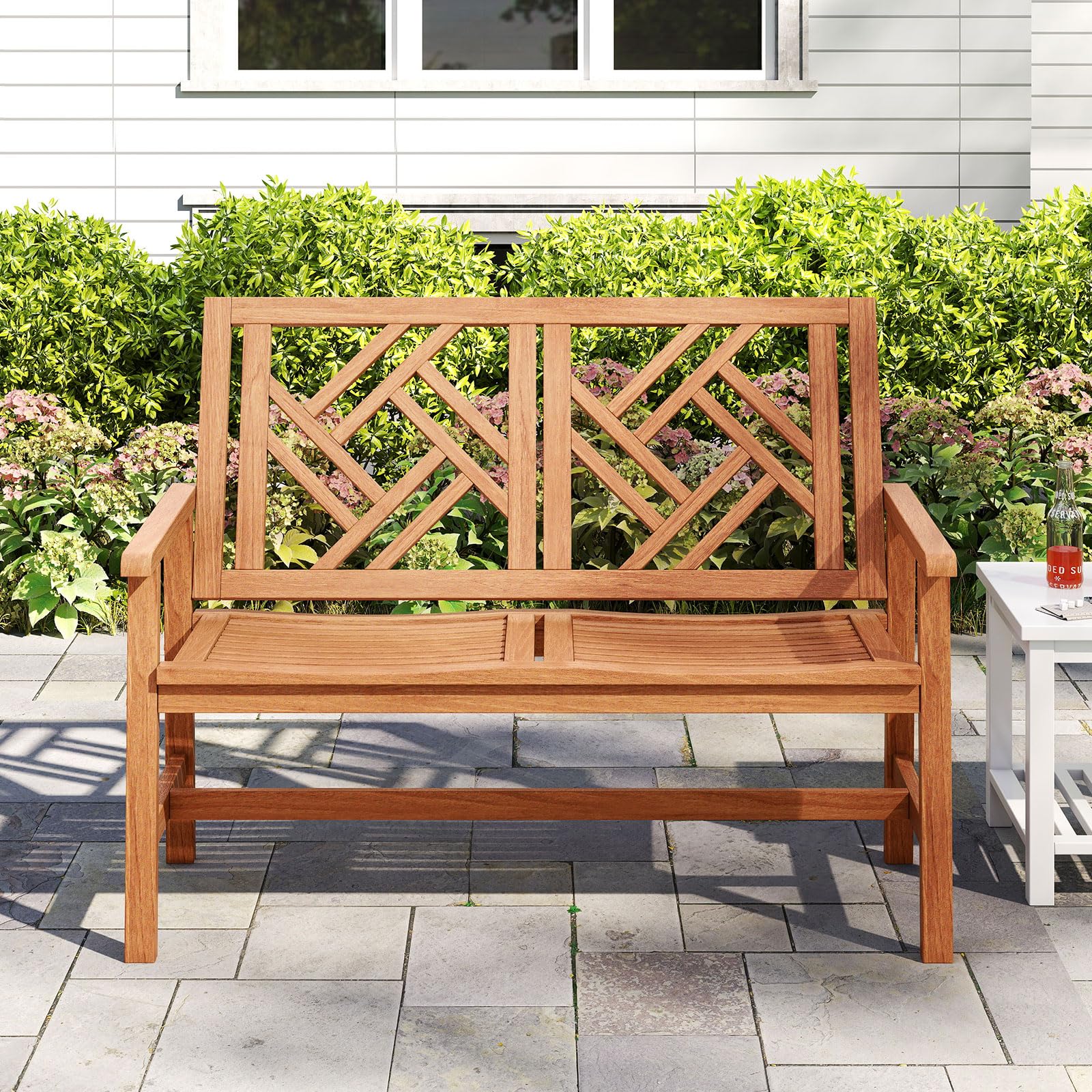 Tangkula Outdoor Bench Wood 2-Person Patio Loveseat Chair with Geometric Backrest