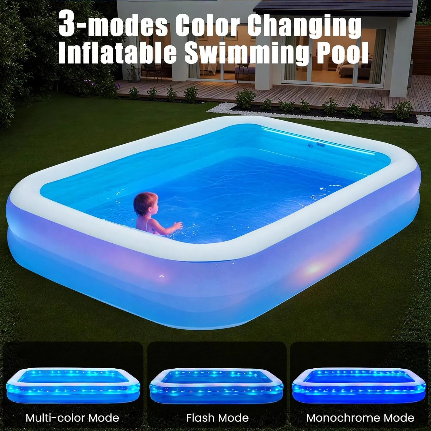 AECOJOY 119"x84"x17" Inflatable Pool with LED Lights, 3 Light Modes, 2-Ring Blow Up Pool for Adults & Kids(Includes Electric Air Pump)
