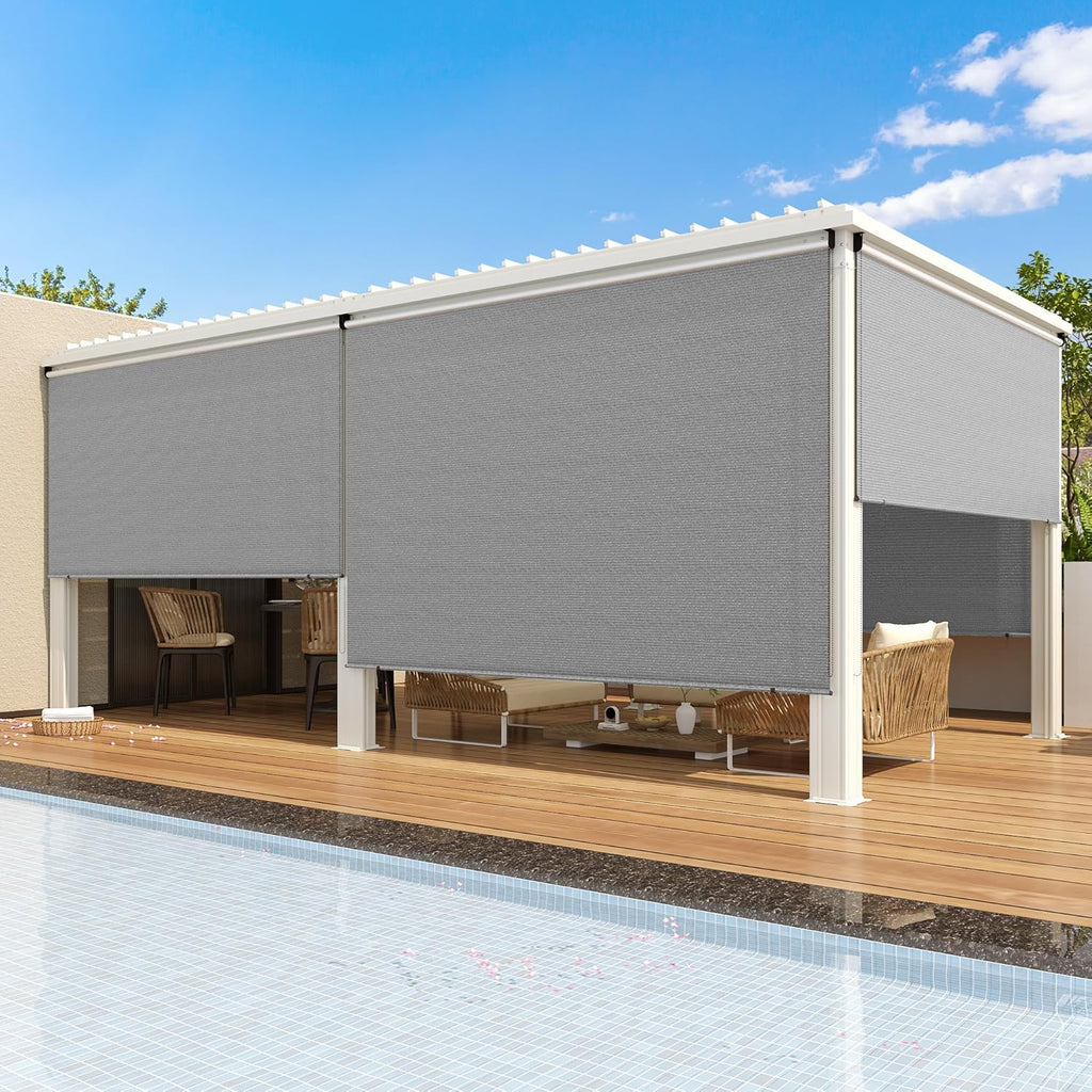 AECOJOY Outdoor Roller Shade, 8'(W) x8'(H) Sun Shade Cover Canopy, Mocha&Gray