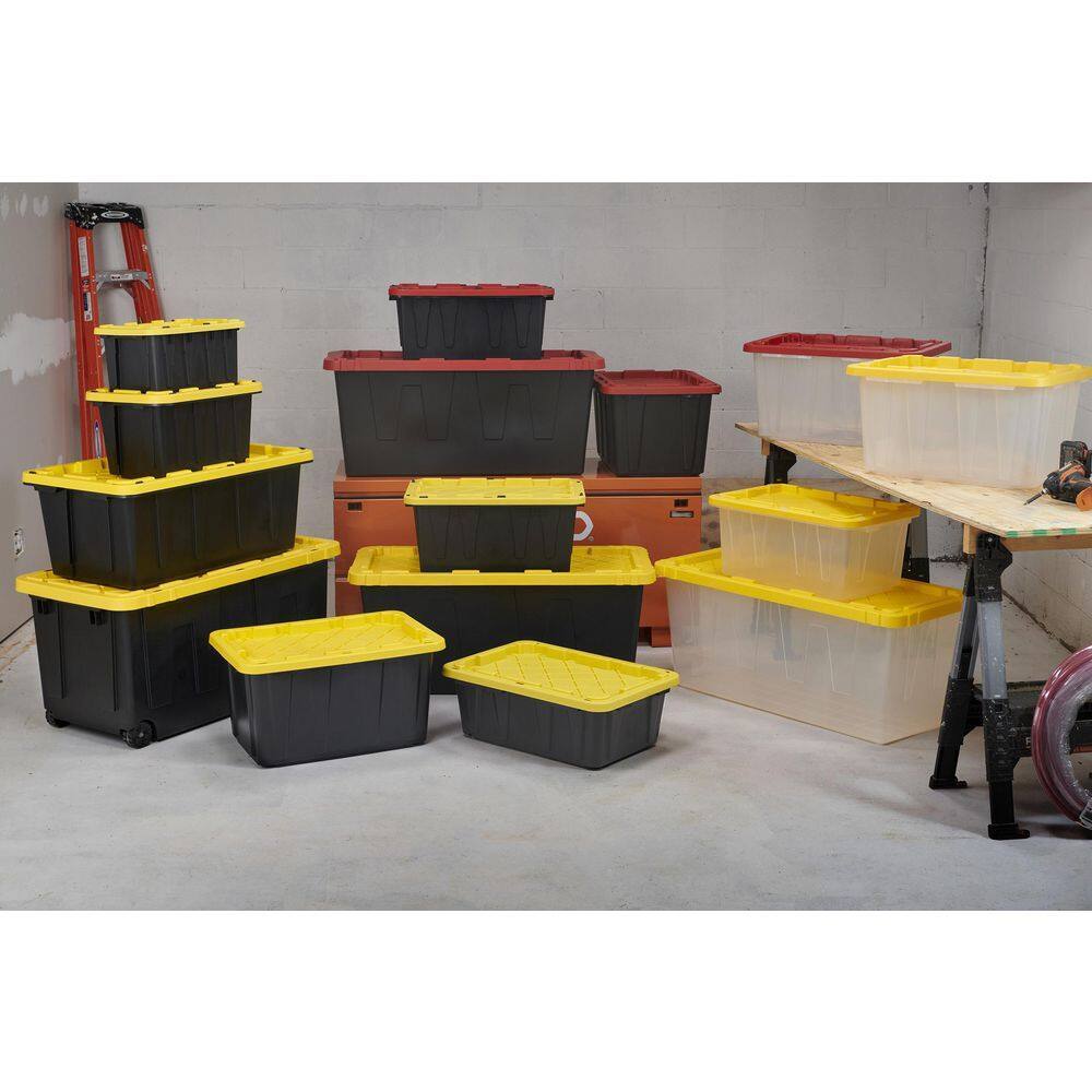 HDX 27-Gallon Black Stackable Waterproof Storage Tote with Yellow Lid, 5-Pack
