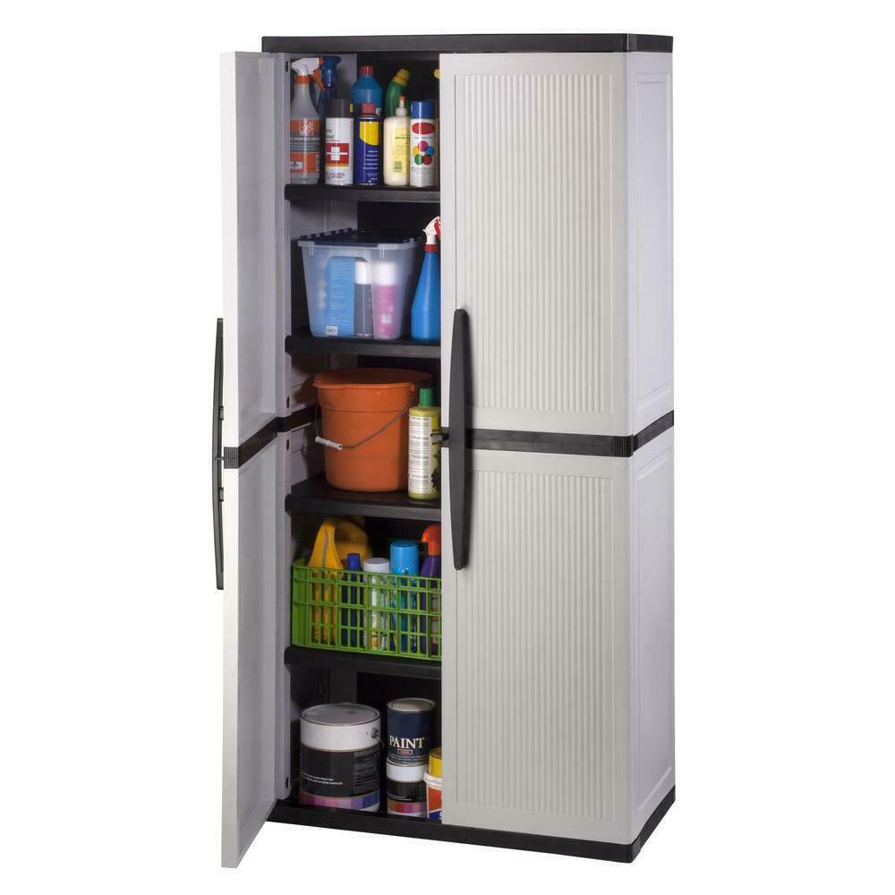 HDX Gray Plastic Freestanding Garage Cabinet with Adjustable Shelves & Lockable Doors, 35"W x 71"H x 18"D