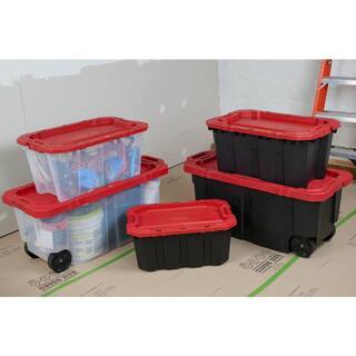 Husky 45 Gal. Heavy Duty Stackable Storage Tote with Wheels, Lockable Black Base & Red Lid