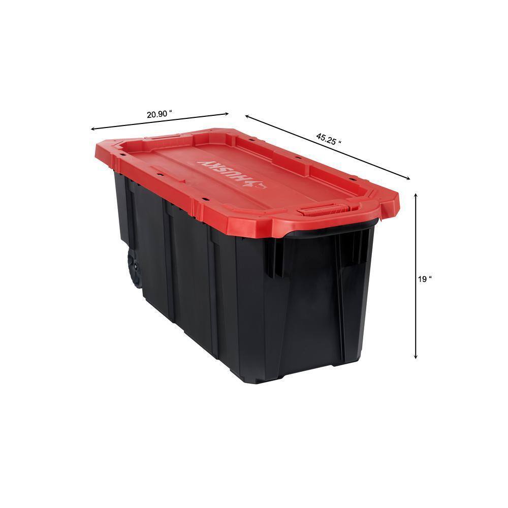 Husky 45 Gal. Heavy Duty Stackable Storage Tote with Wheels, Lockable Black Base & Red Lid