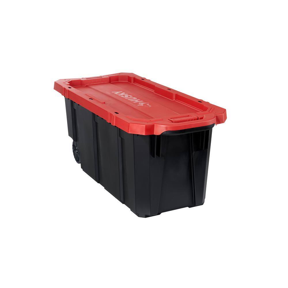 Husky 45 Gal. Heavy Duty Stackable Storage Tote with Wheels, Lockable Black Base & Red Lid