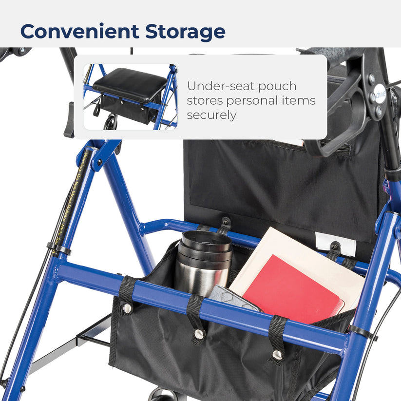 Drive Medical 4-Wheel Rollator Walker, Foldable, Padded Seat & Backrest, 6-Inch Wheels, Blue