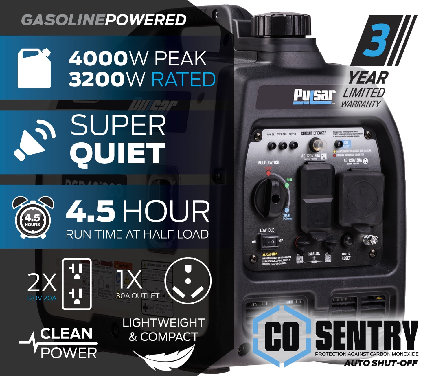 Pulsar 4000W Super Quiet Inverter Generator with CO Sentry, Portable, Safe for Electronics