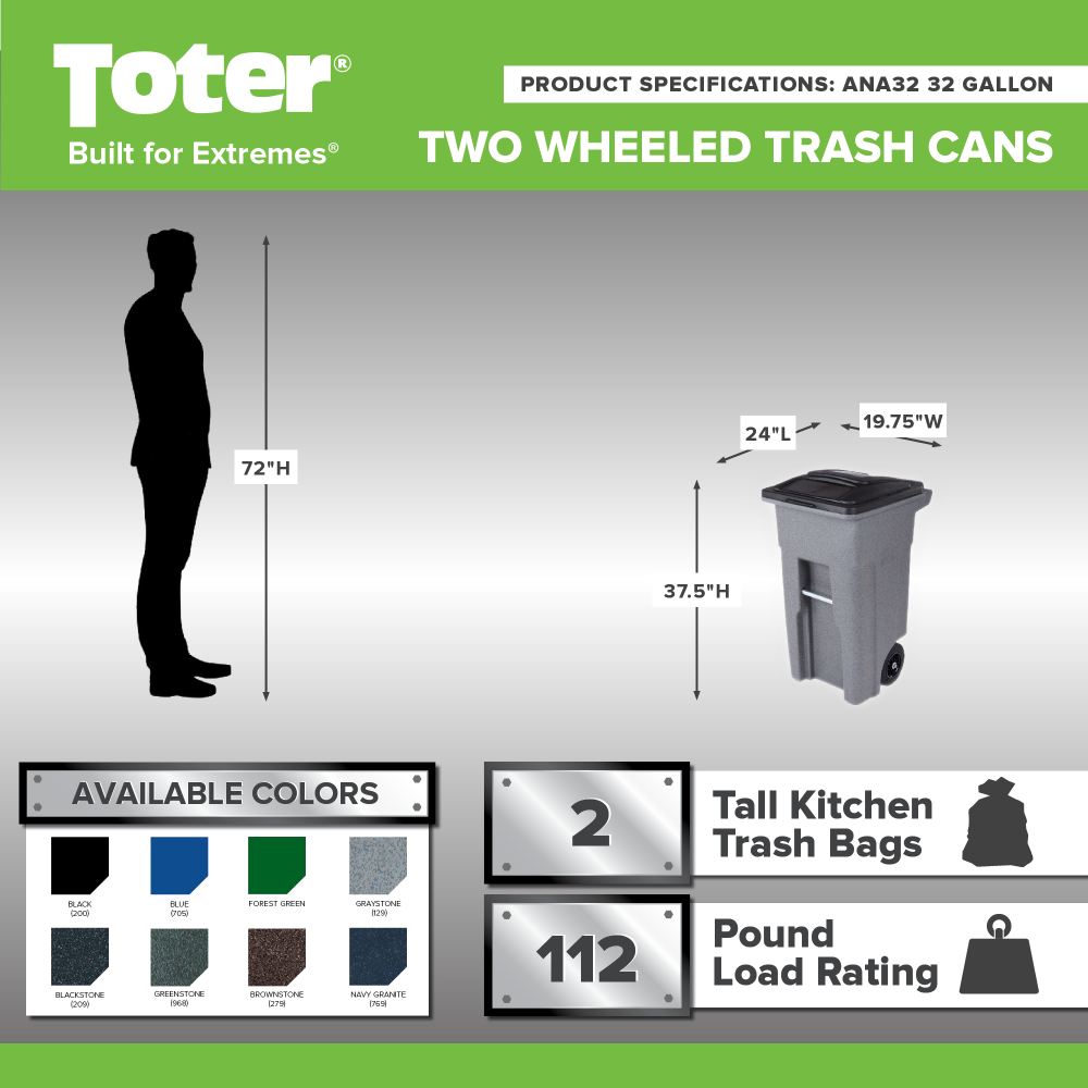 Toter 32 Gallon Greenstone Trash Can with Quiet Wheels & Attached Lid - Durable Indoor/Outdoor Waste & Recycling Container