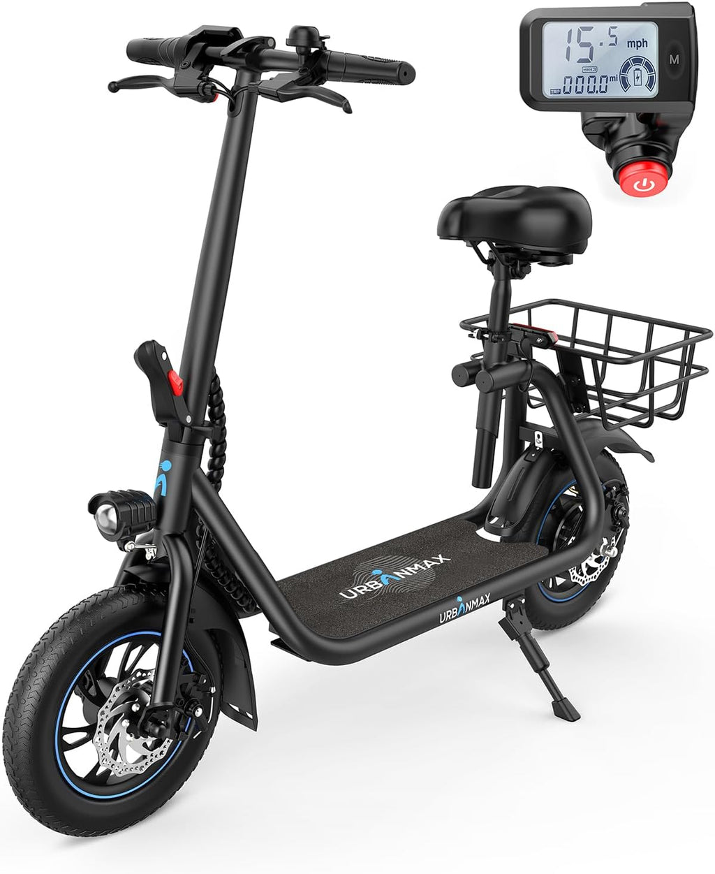 URBANMAX C1 Electric Scooter with Seat, 450W Motor, 22 Mile Range, 12" Tires, Foldable, Black, Adult